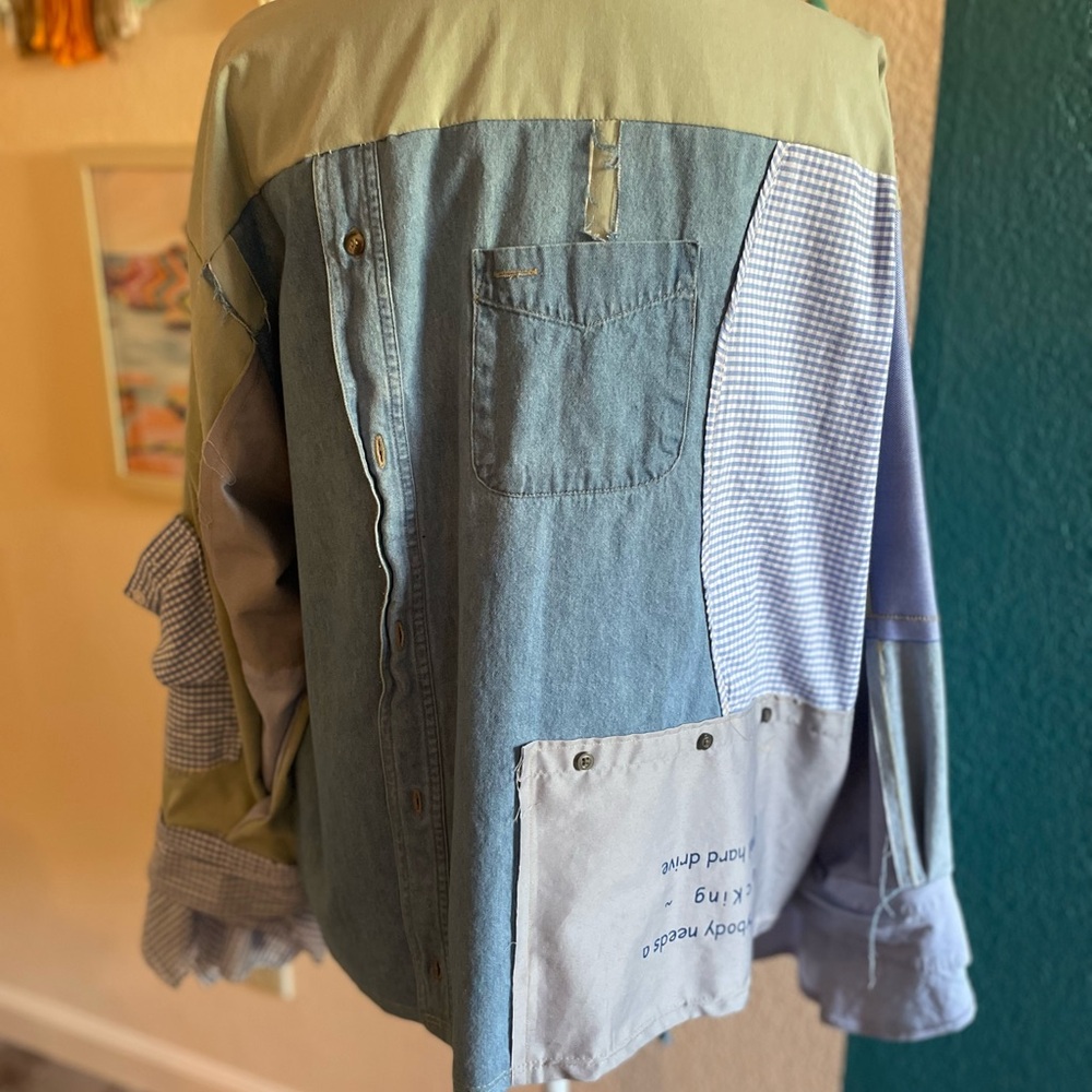 Patchwork Blue Button-Up Shirt - image 3